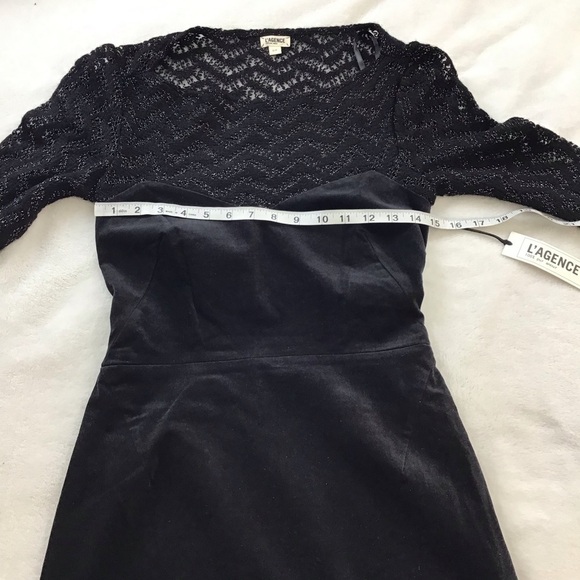 L’AGENCE Chevron Metallic Open Knit Yoke Velvet Pencil Dress Black Size 6 - Picture 9 of 12